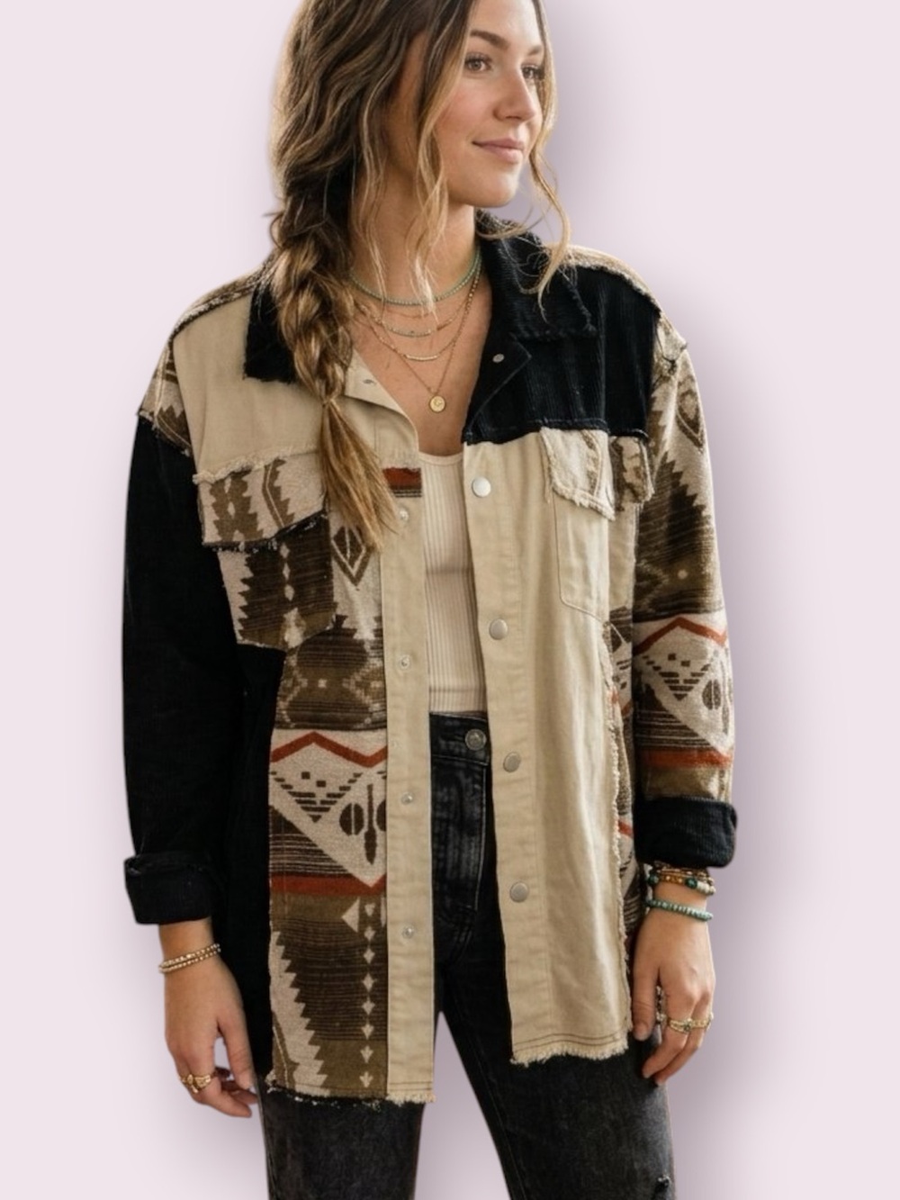 Davi & Dani Aztec Tribal Mixed Media Western Button Down Top Patchwork Medium